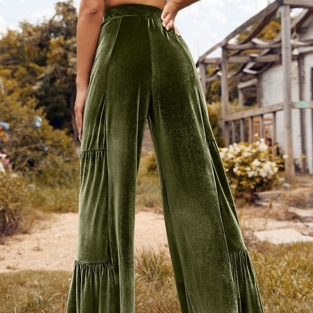 Army Green Boho Womens Wide Leg Velvet Pants - Picture 2 of 5